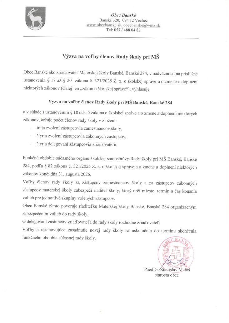 Výzva na&nbsp;voľby členov Rady školy pri MŠ
